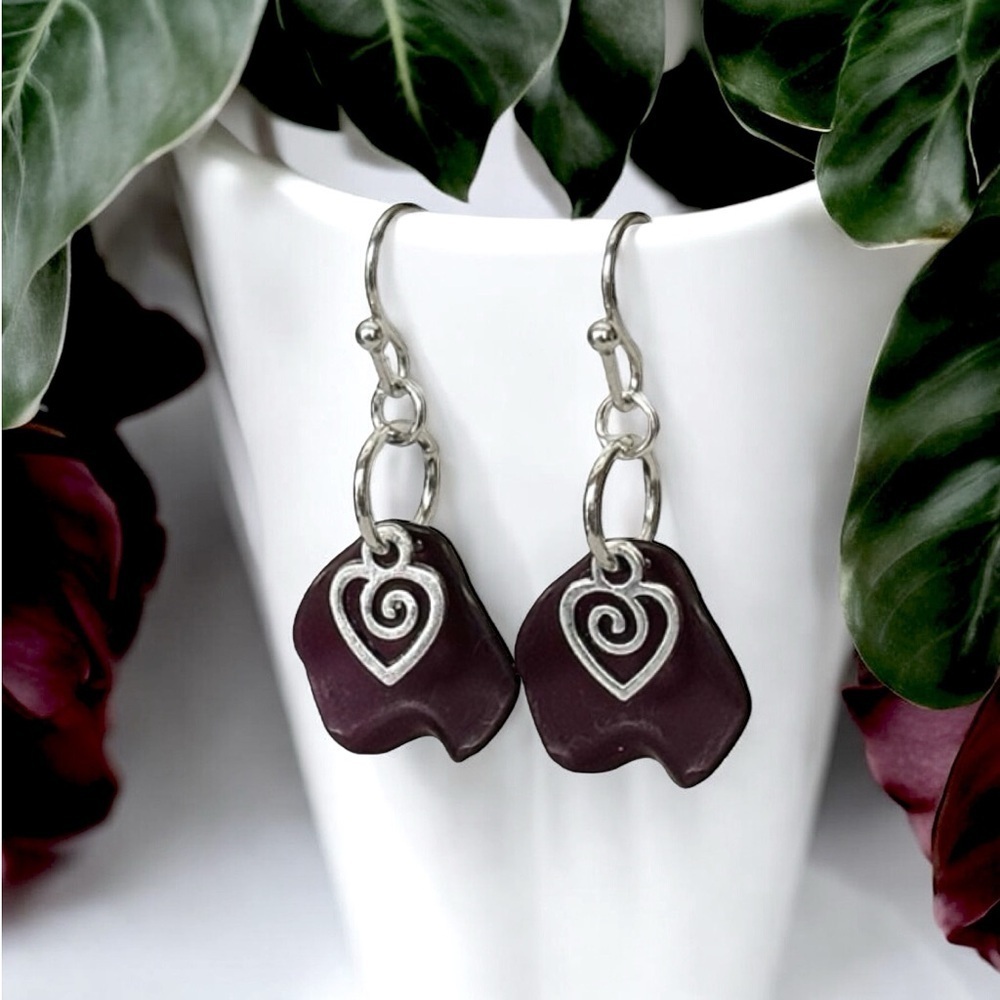 5 For $25💫Alternative Dark Plum Petal Silver Heart Dangles Earrings